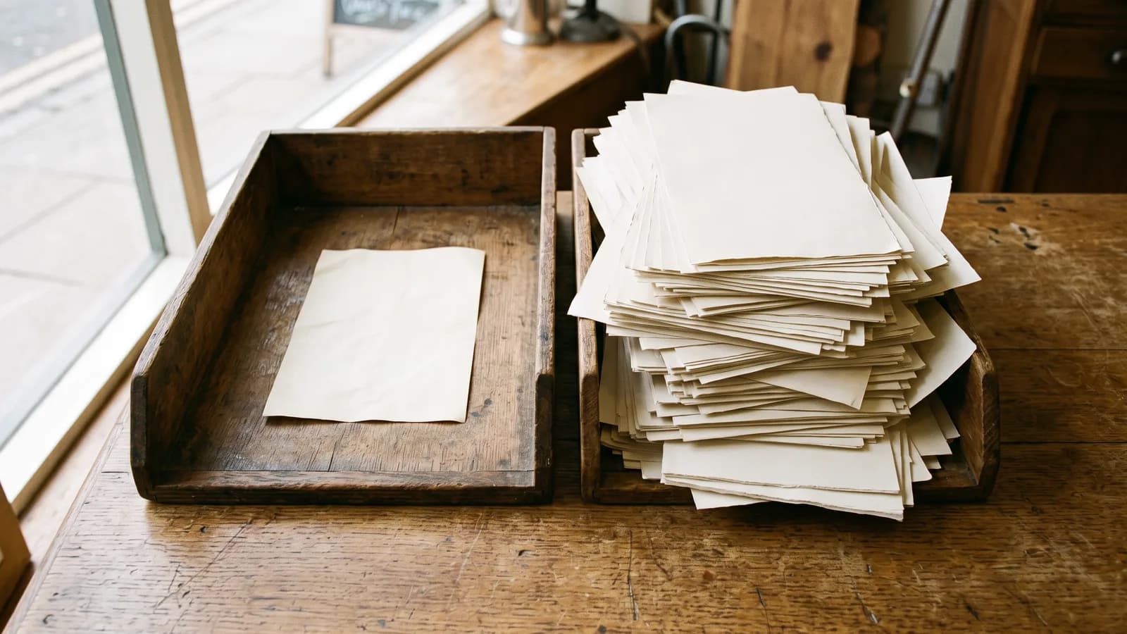 Two paper intake trays on a dealer counter, one nearly empty for winter and one overflowing with spring consultation slips.