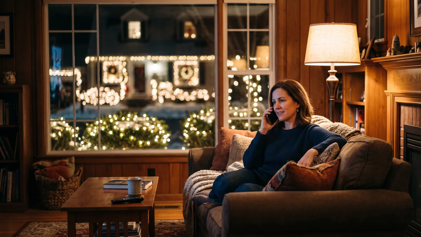 Homeowner on the phone at night in a warmly lit living room with holiday lights glowing through the window behind them.