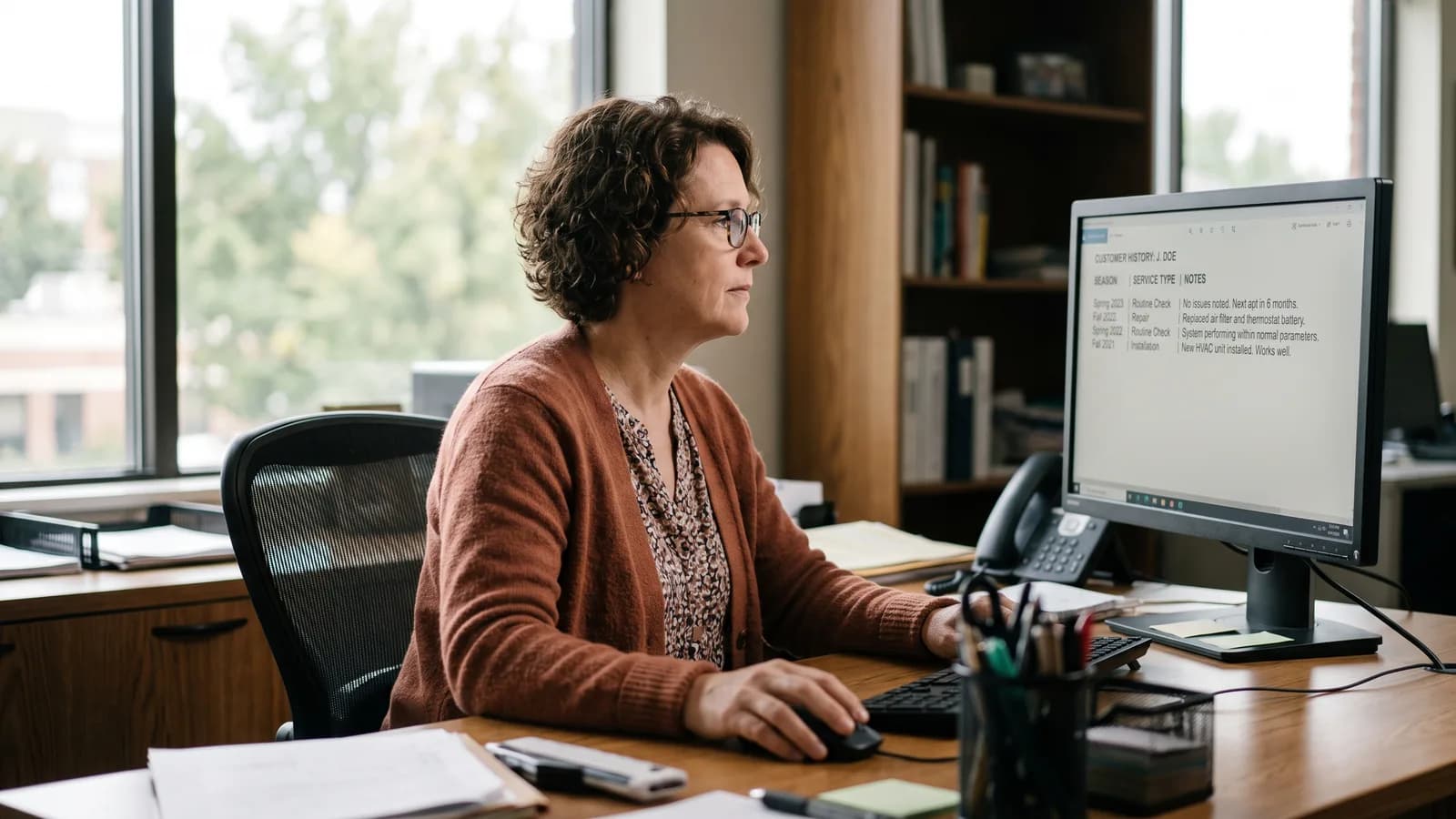 Office manager scrolling a multi season customer history record on a desktop monitor during daytime.