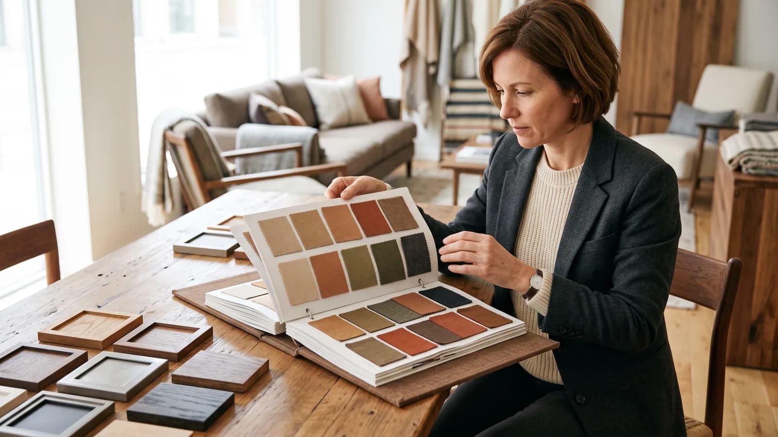 Dealership owner examining a binder of fabric and frame samples spread across a showroom table.