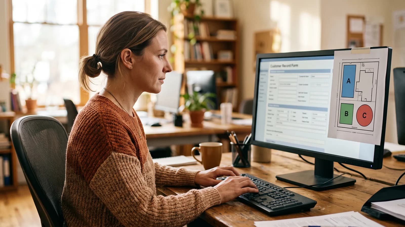 Office manager entering property lighting zone details into a customer record beside a marked property diagram.