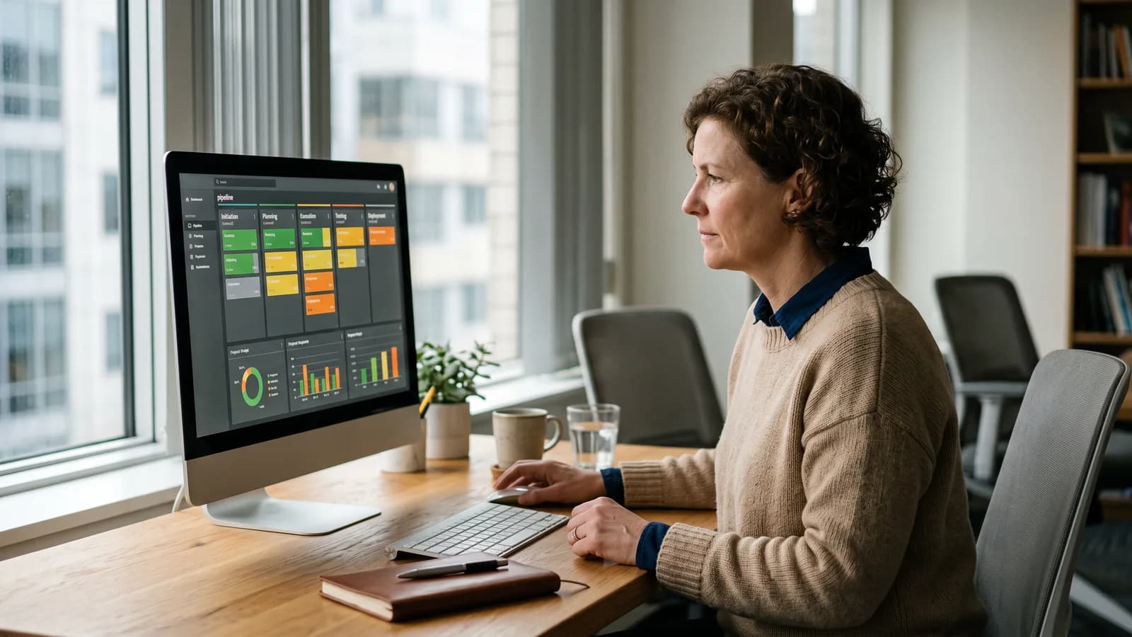 Operations manager reviewing a project pipeline dashboard on a desktop monitor at an office desk.