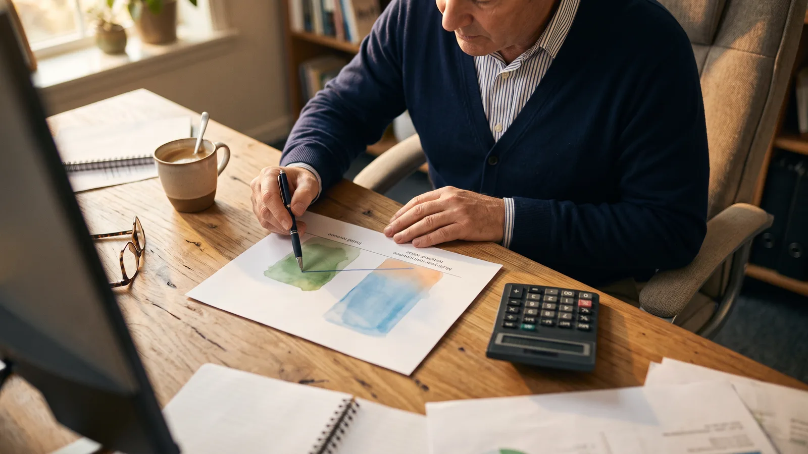Owner pointing a pen at a printed chart comparing install revenue against multi-year maintenance renewal value at a desk.