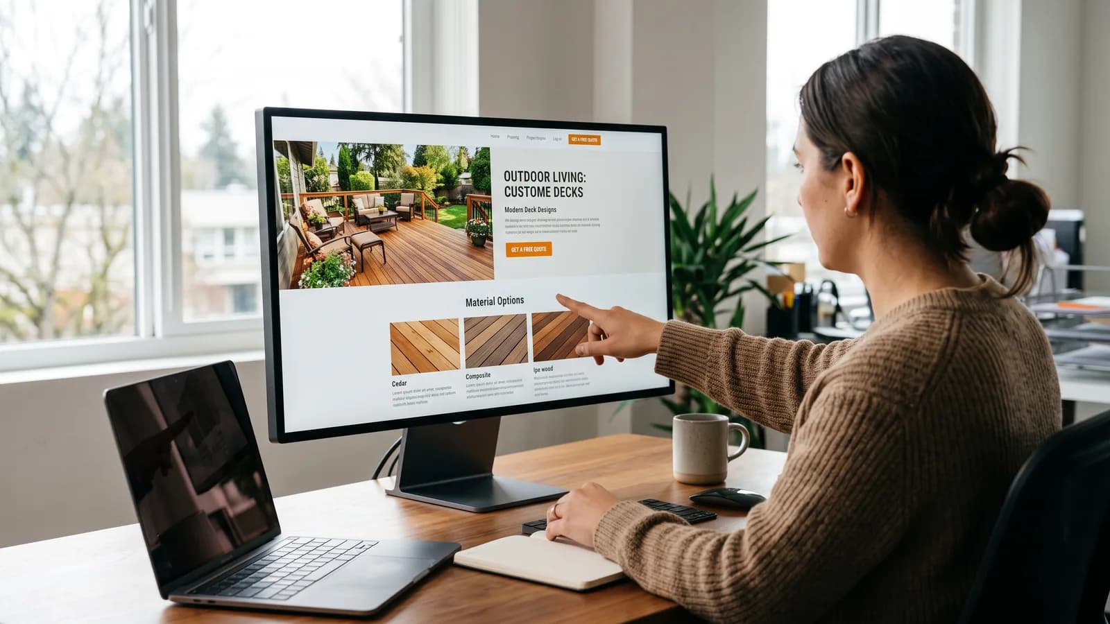 Marketer reviewing a deck-specific landing page mockup with project photography on a large monitor.