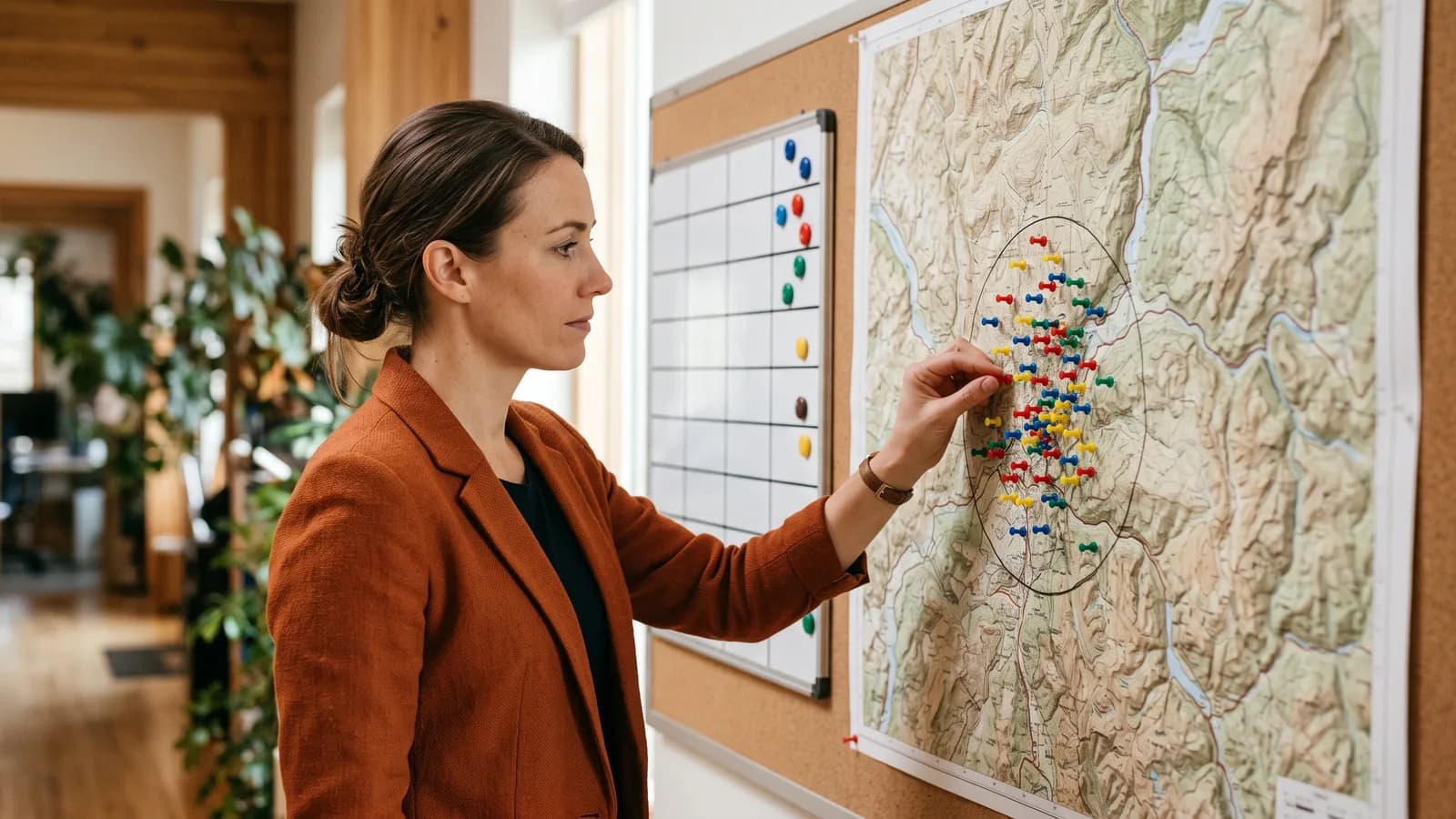 Project manager marking job site pins within a service radius on a wall map beside a crew schedule board.