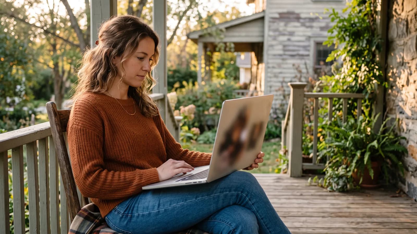Visitor browsing side-by-side pergola style options on a laptop while sitting on a porch at golden hour.