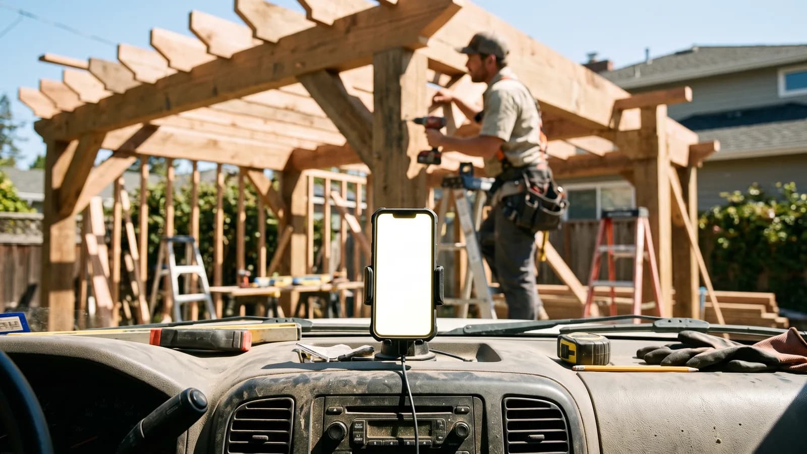 Phone buzzing on a truck dashboard while an installer works on a pergola frame in the background.