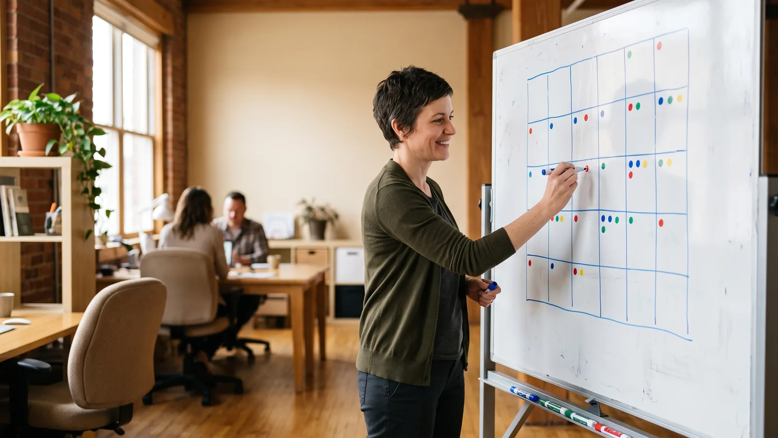 Design team lead marking a weekly consultation schedule on a whiteboard in a bright office.