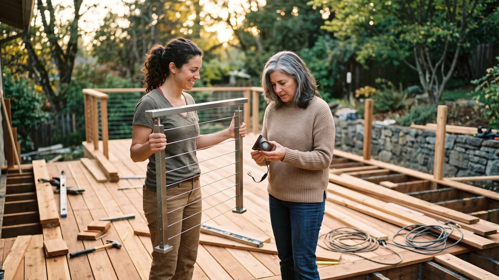 Designer showing a homeowner a cable railing sample and lighting fixture on a partially built deck at dusk.