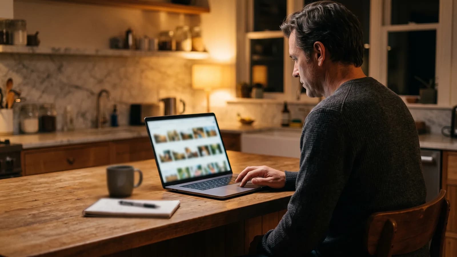 Homeowner scrolling fence style photos on a laptop at a kitchen counter in the evening days after a quote request.