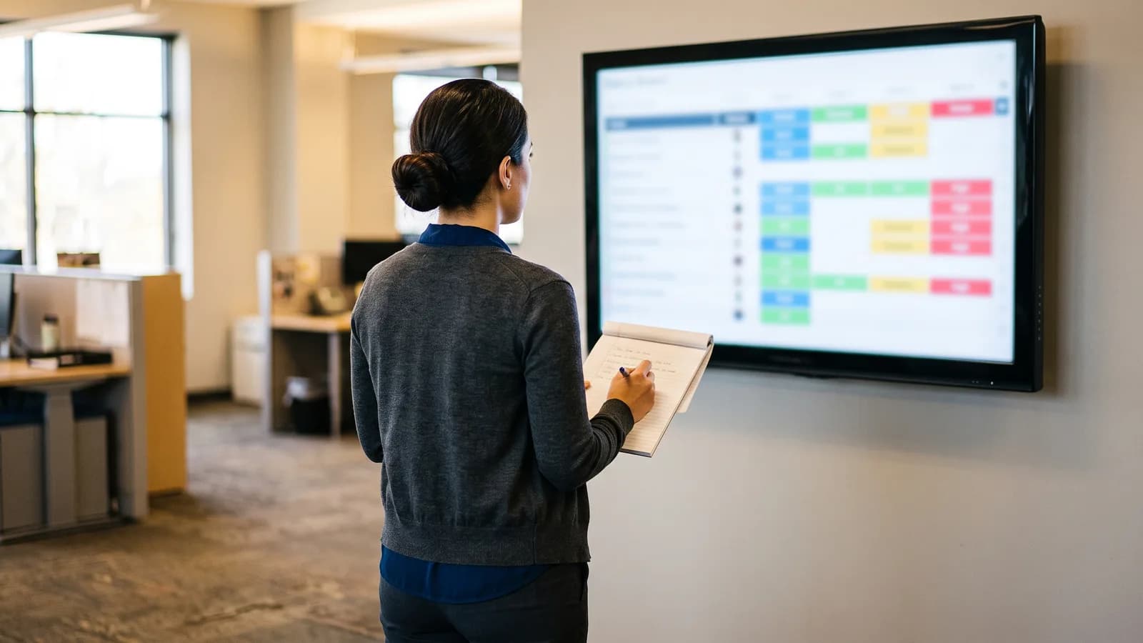 Office coordinator reviewing a job status screen showing several active fence installations at different stages.