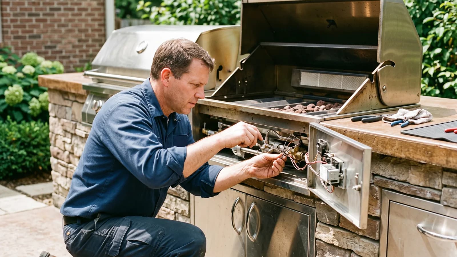 Technician inspecting a built-in grill ignition component on an outdoor kitchen island during a service visit.