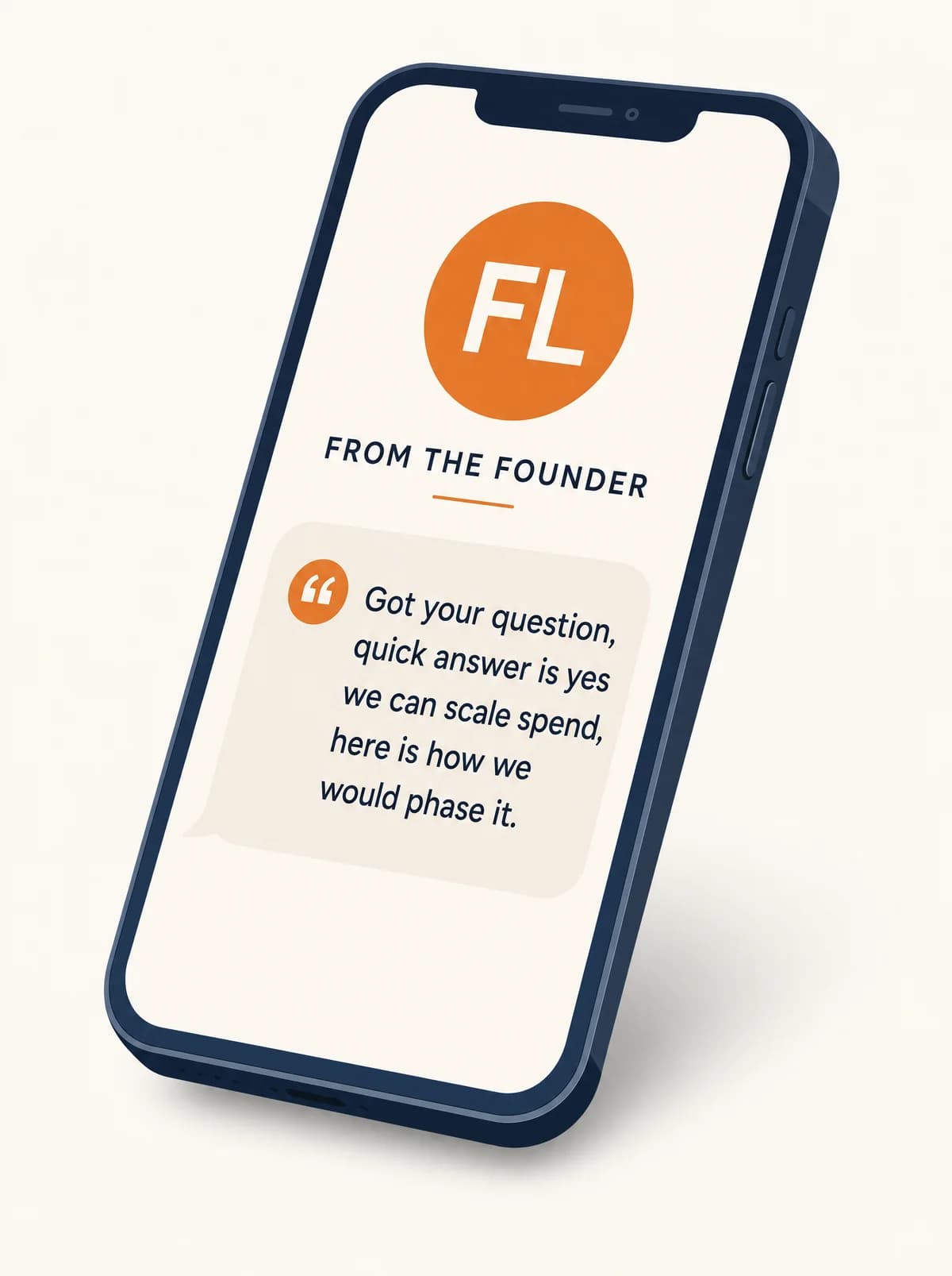 Illustration of a stylized phone showing direct founder communication